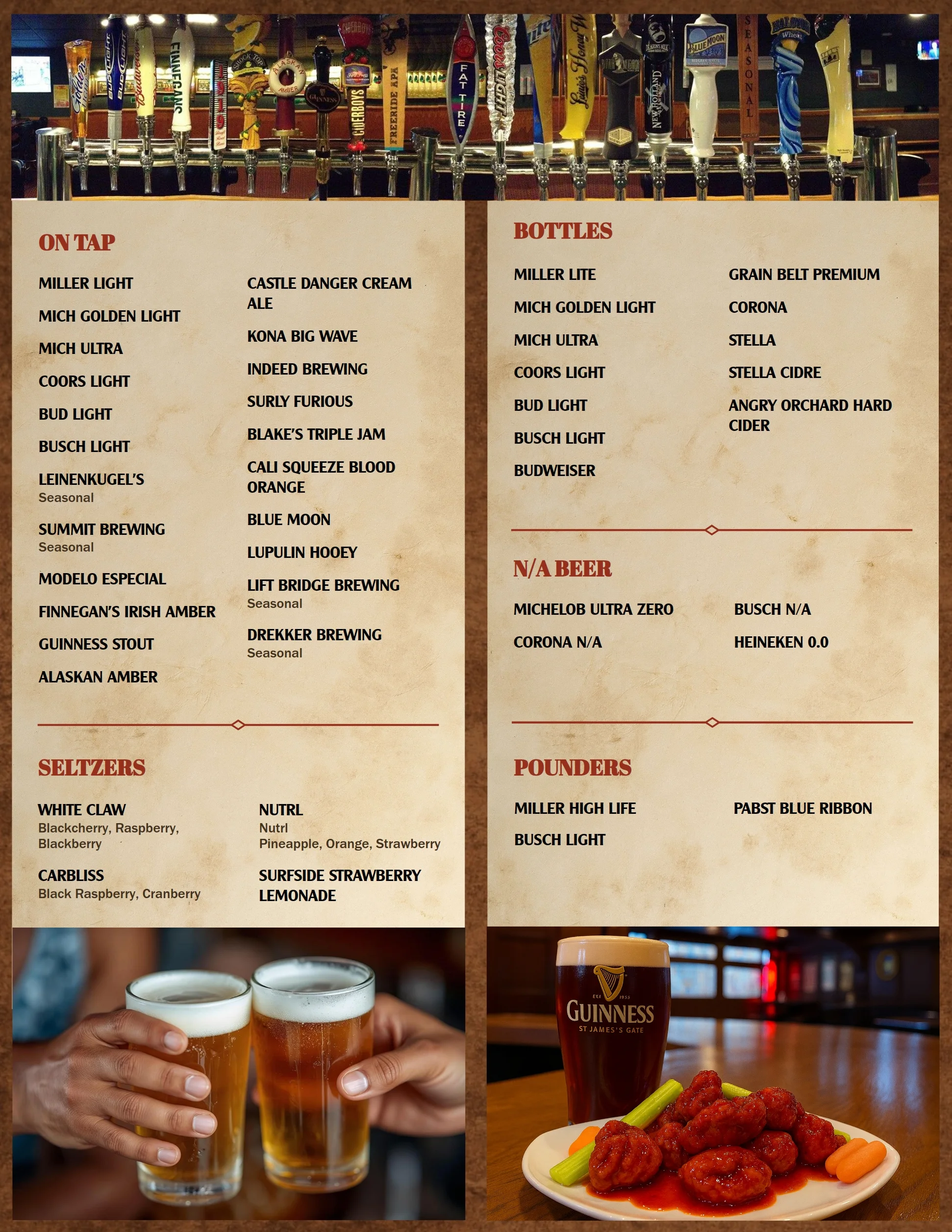 Selection of beers and seltzers in a lively bar setting