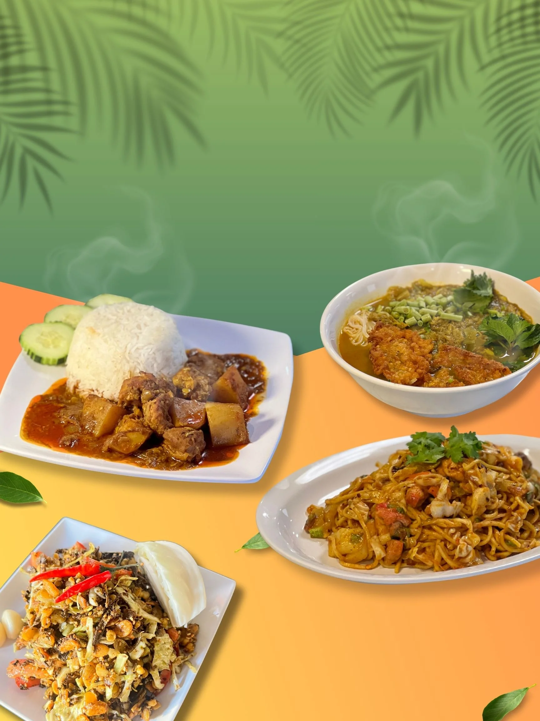 Indonesian nasi goreng with various side dishes