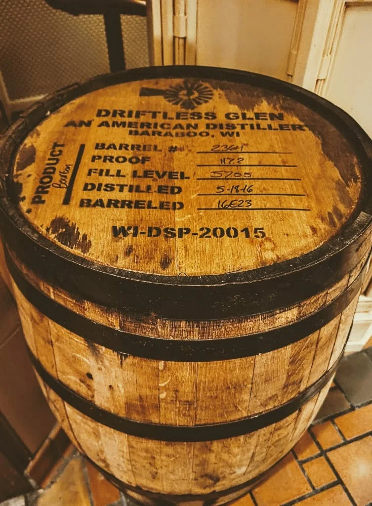 Wooden barrel from Driftless Glen distillery in Baraboo, WI