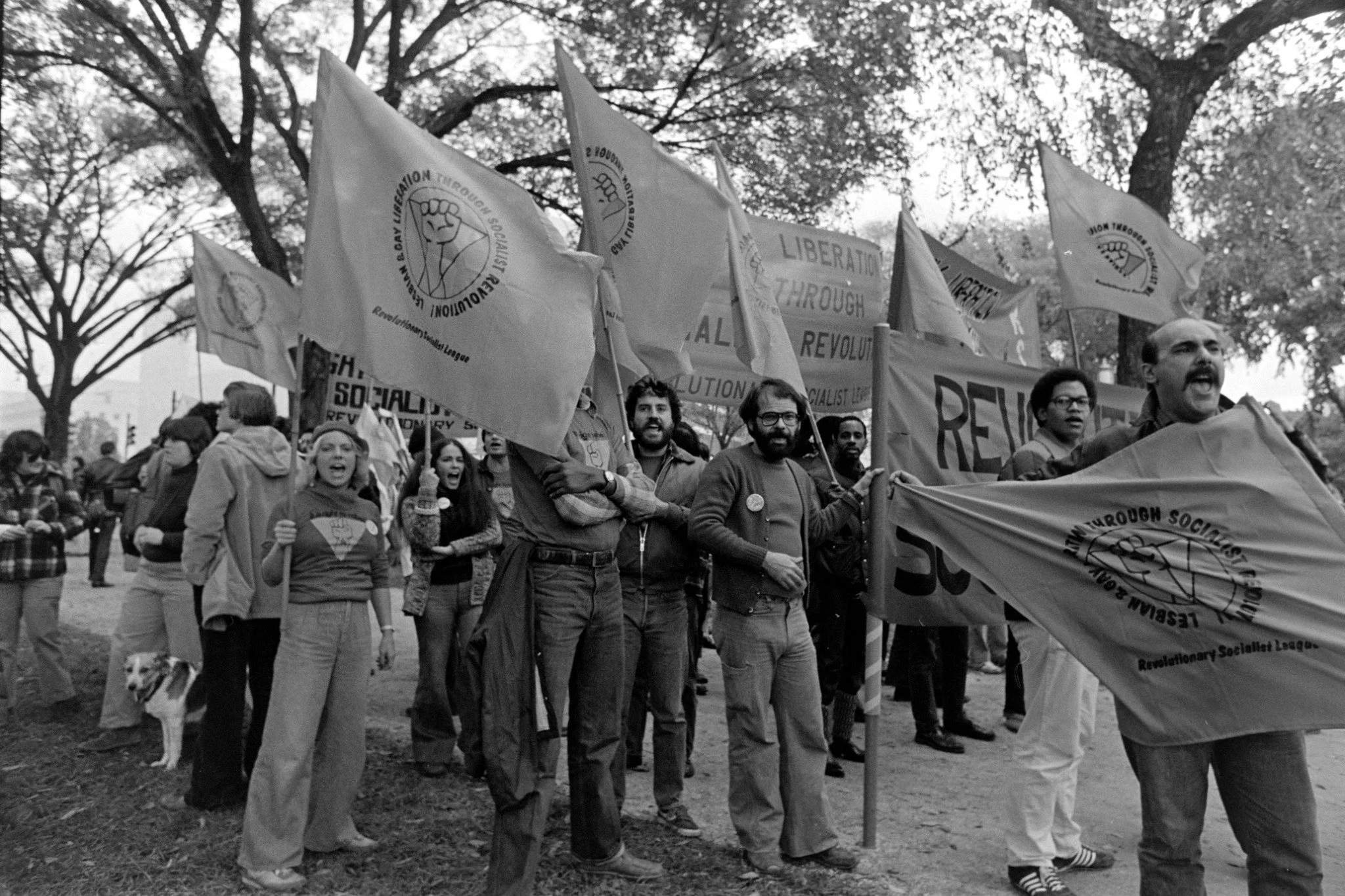 Activists marching with flags at a protest rally