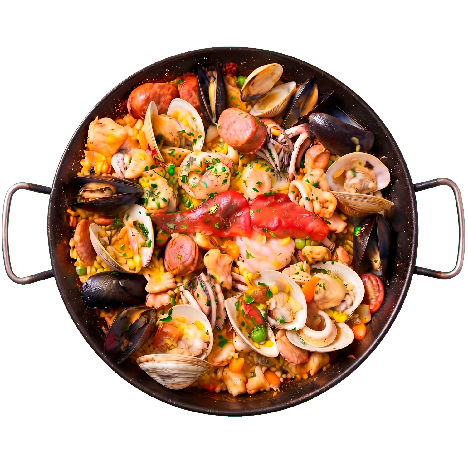 Spanish seafood paella with mussels, clams, prawns, squid, and chorizo