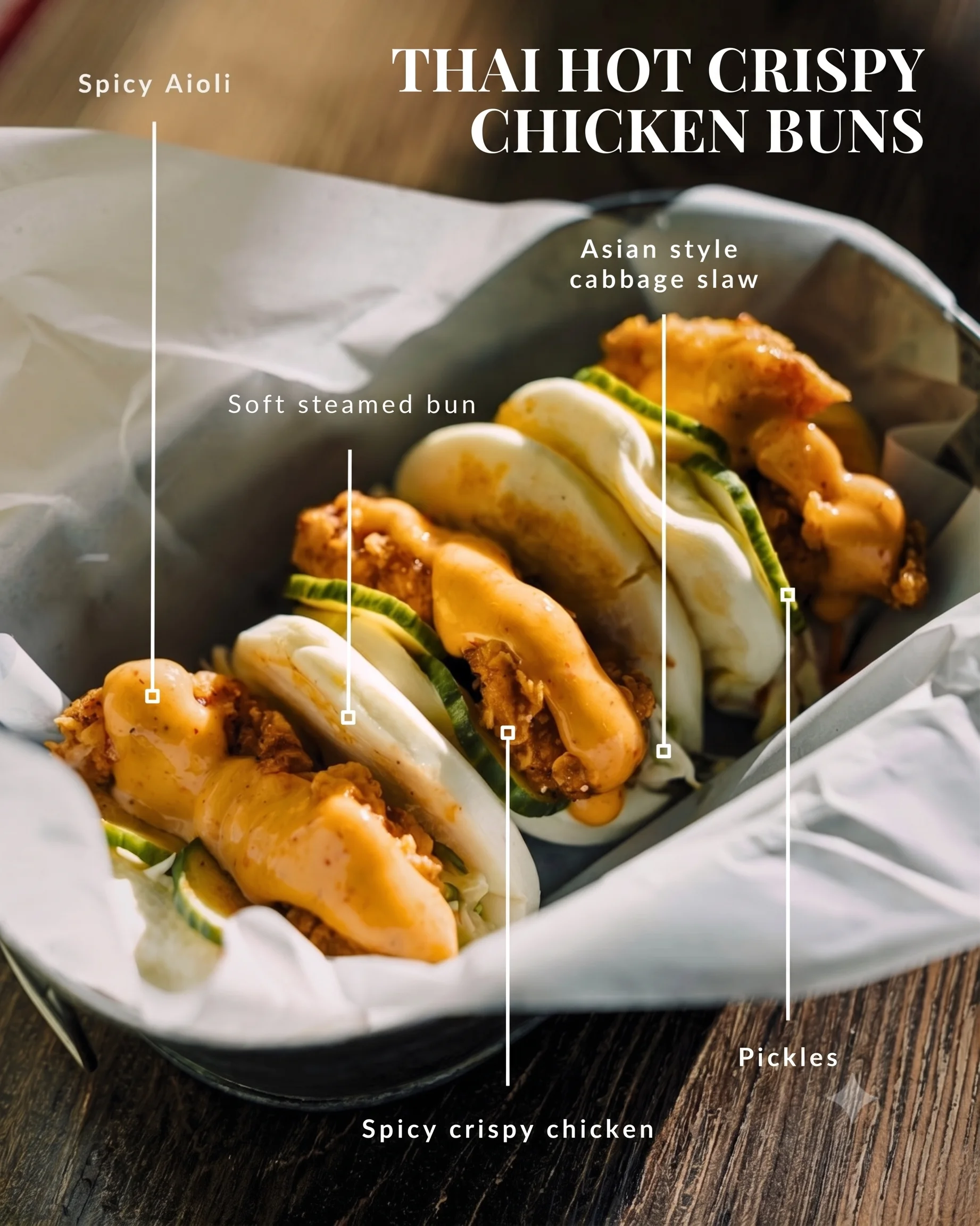 Thai hot crispy chicken buns in soft steamed buns