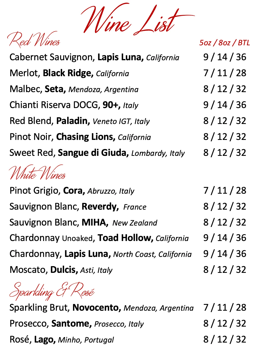 Wine list featuring red, white, and sparkling selections