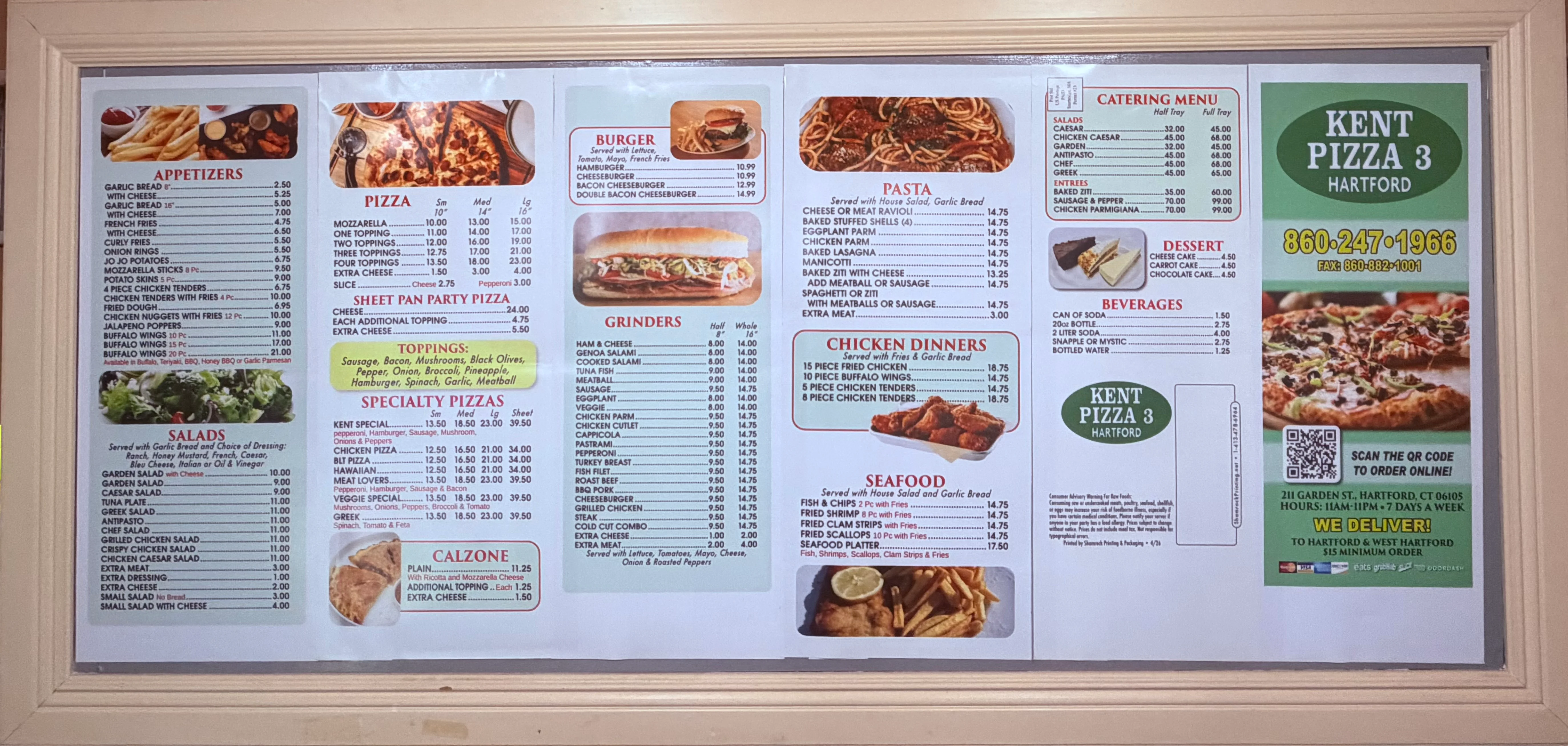A detailed restaurant menu displaying various food categories including appetizers, pizzas, burgers, pasta, chicken dinners, seafood, and desserts.