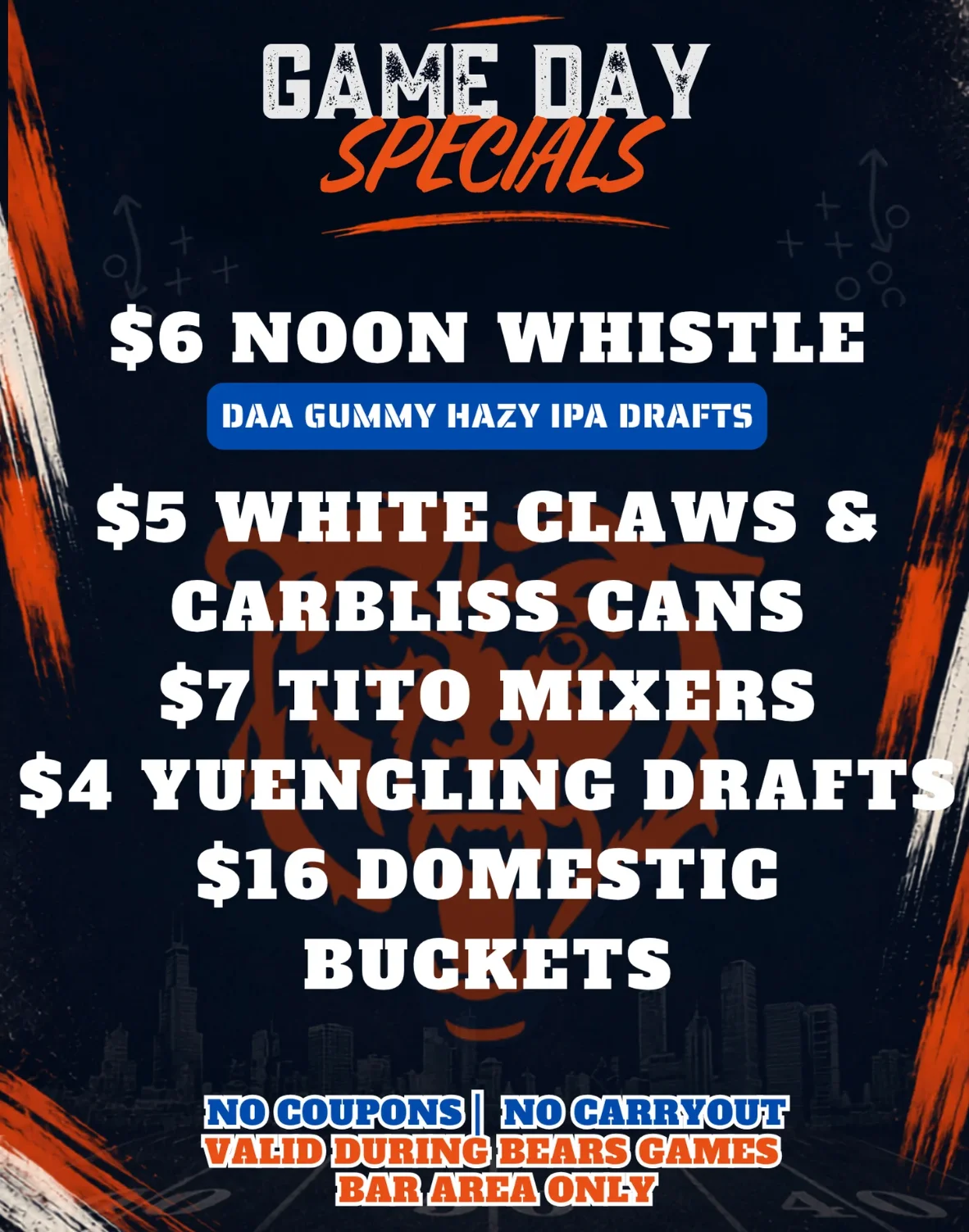 Game day drink specials at a sports bar