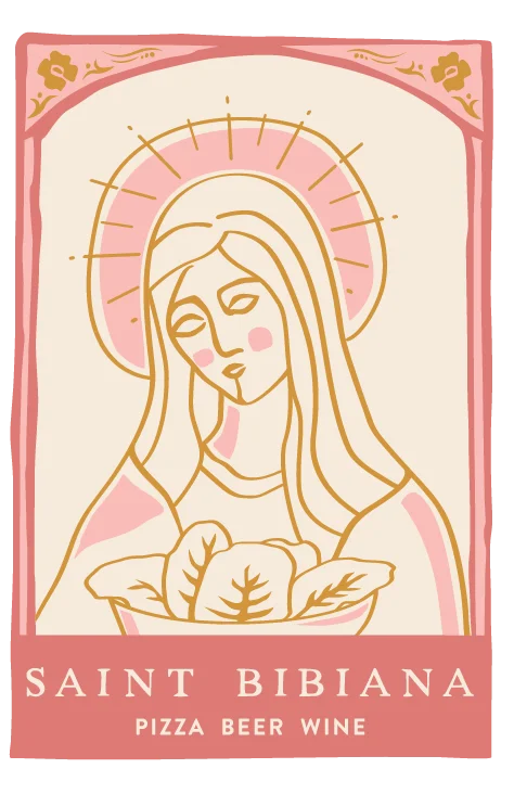 Illustration of Saint Bibiana with pizza, beer, and wine theme