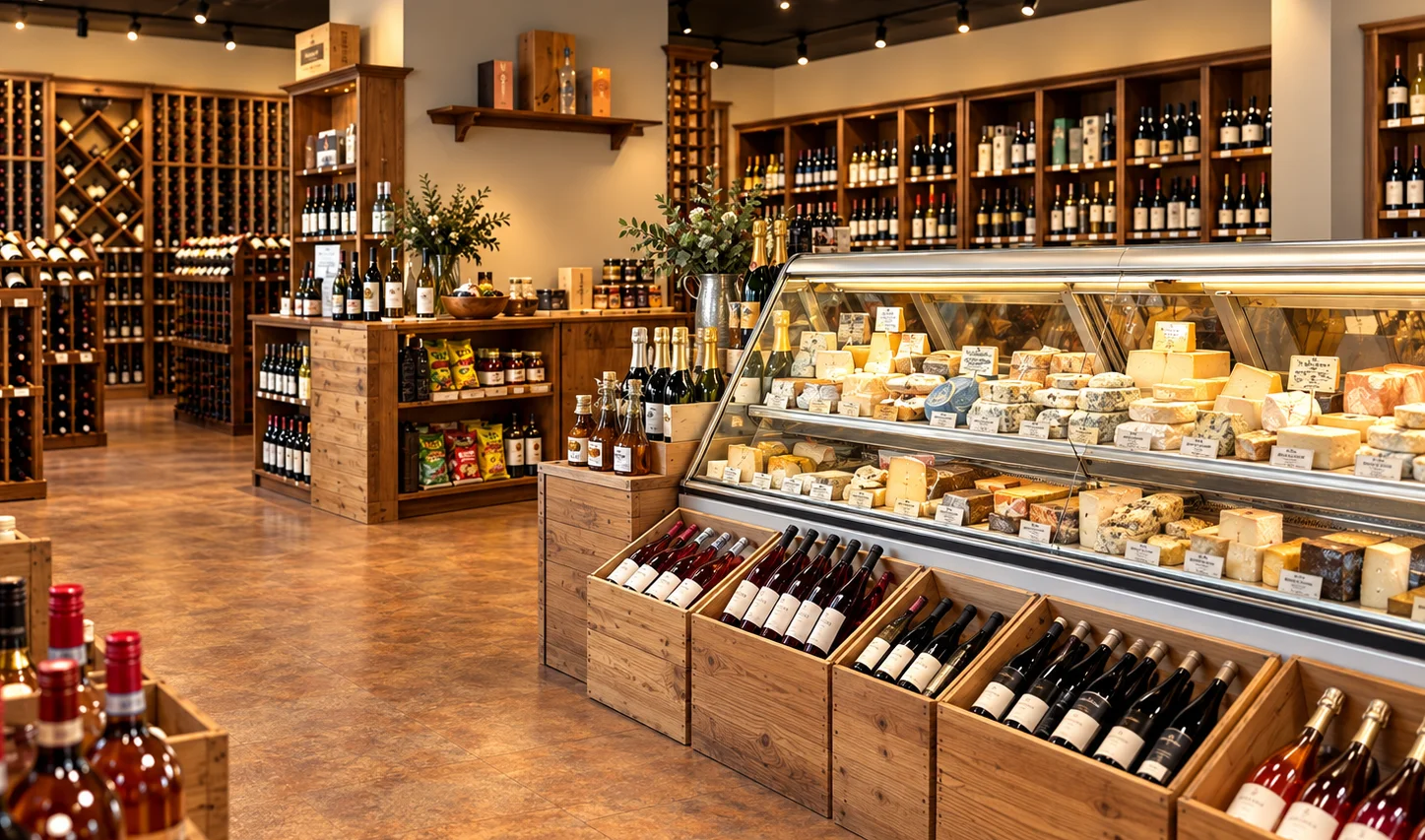Elegant wine shop interior with cheese display and wooden wine racks