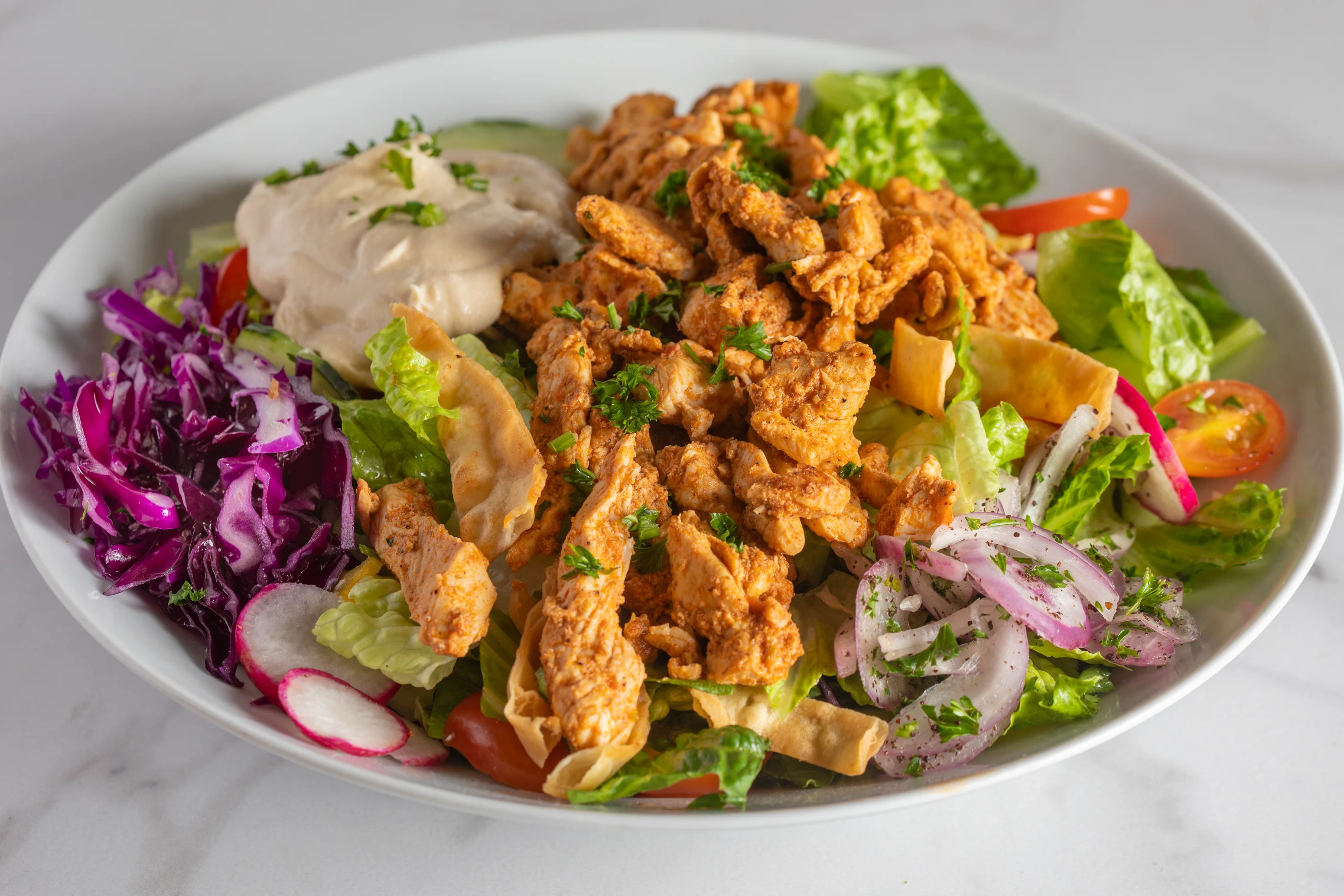 Middle Eastern chicken shawarma salad with fresh vegetables