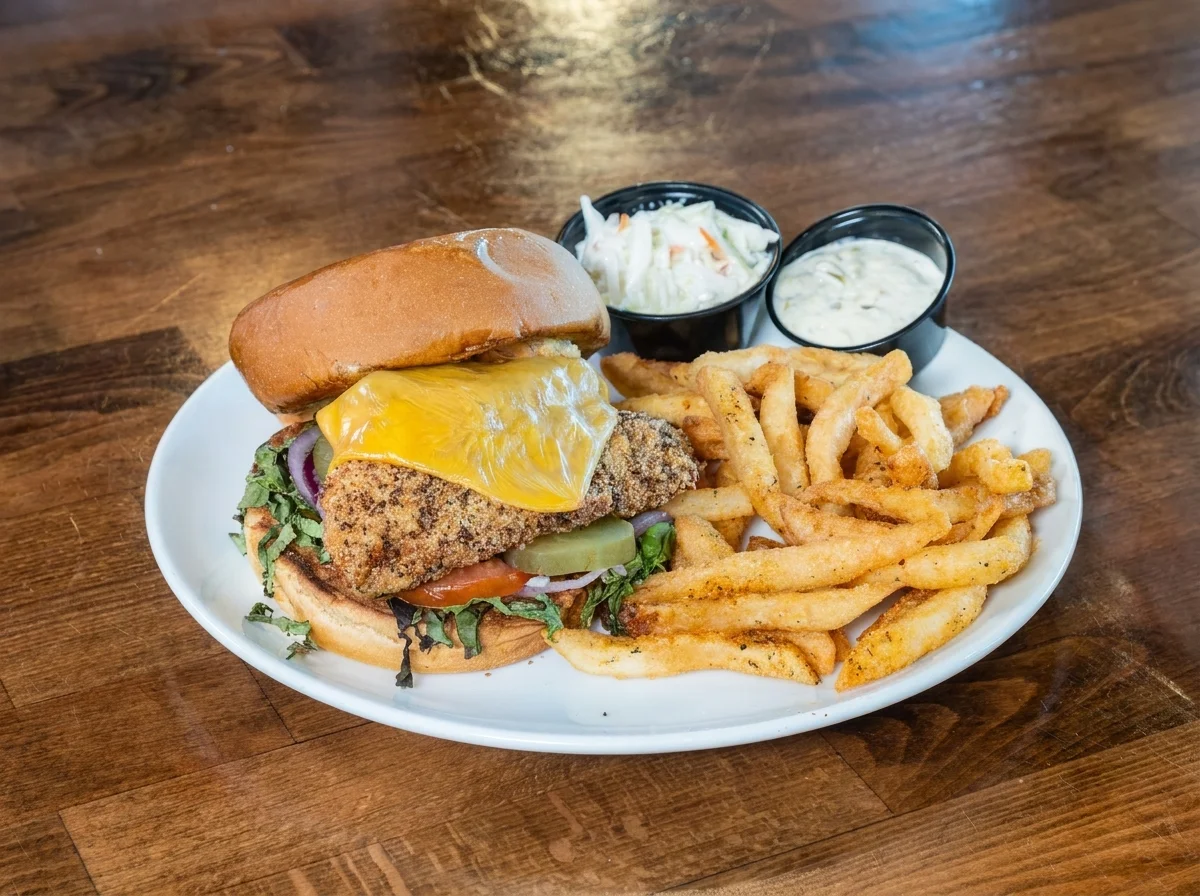 Crispy chicken sandwich with cheese and fries