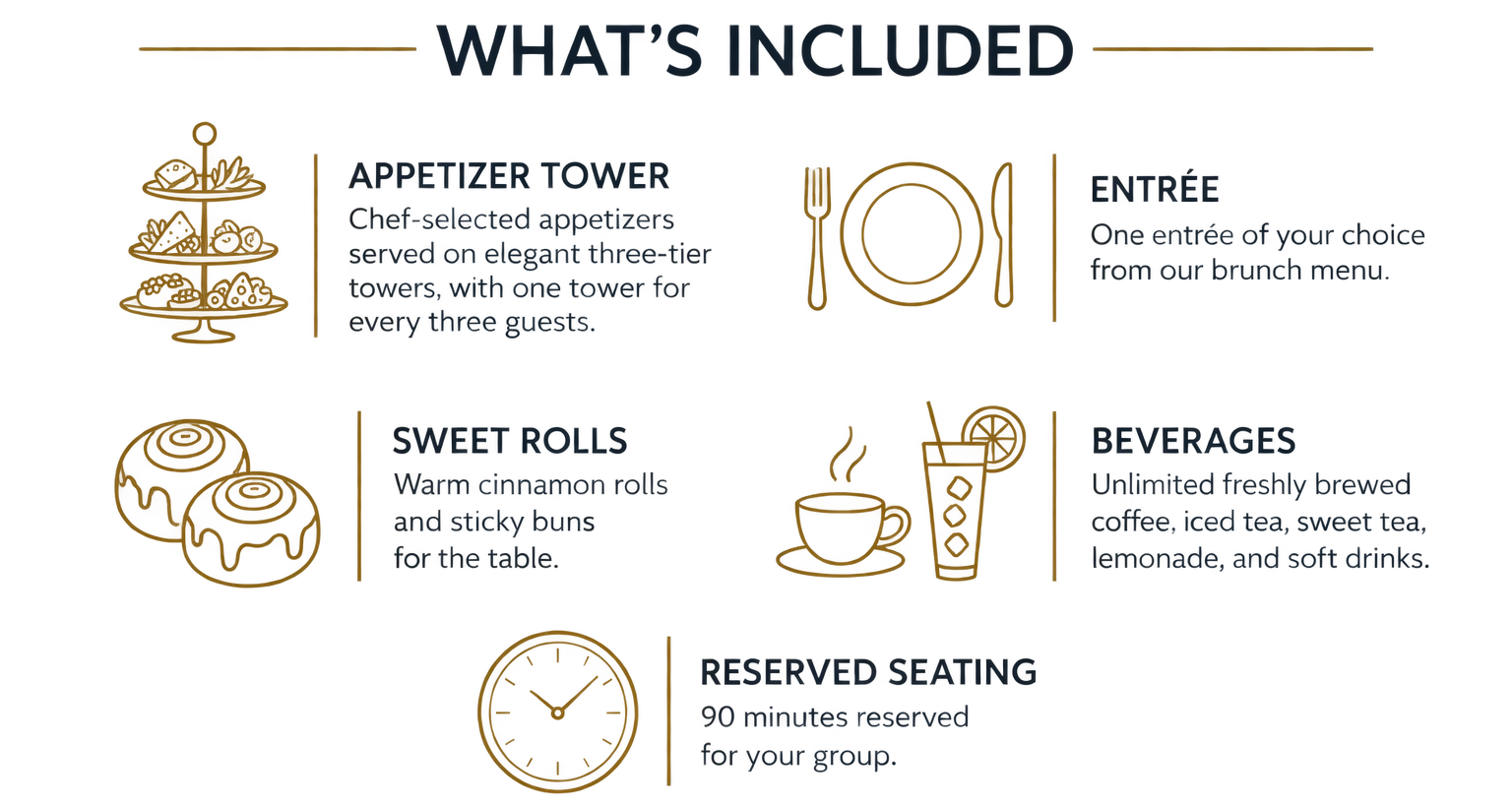 Elegant brunch setup with appetizer tower, sweet rolls, and beverages