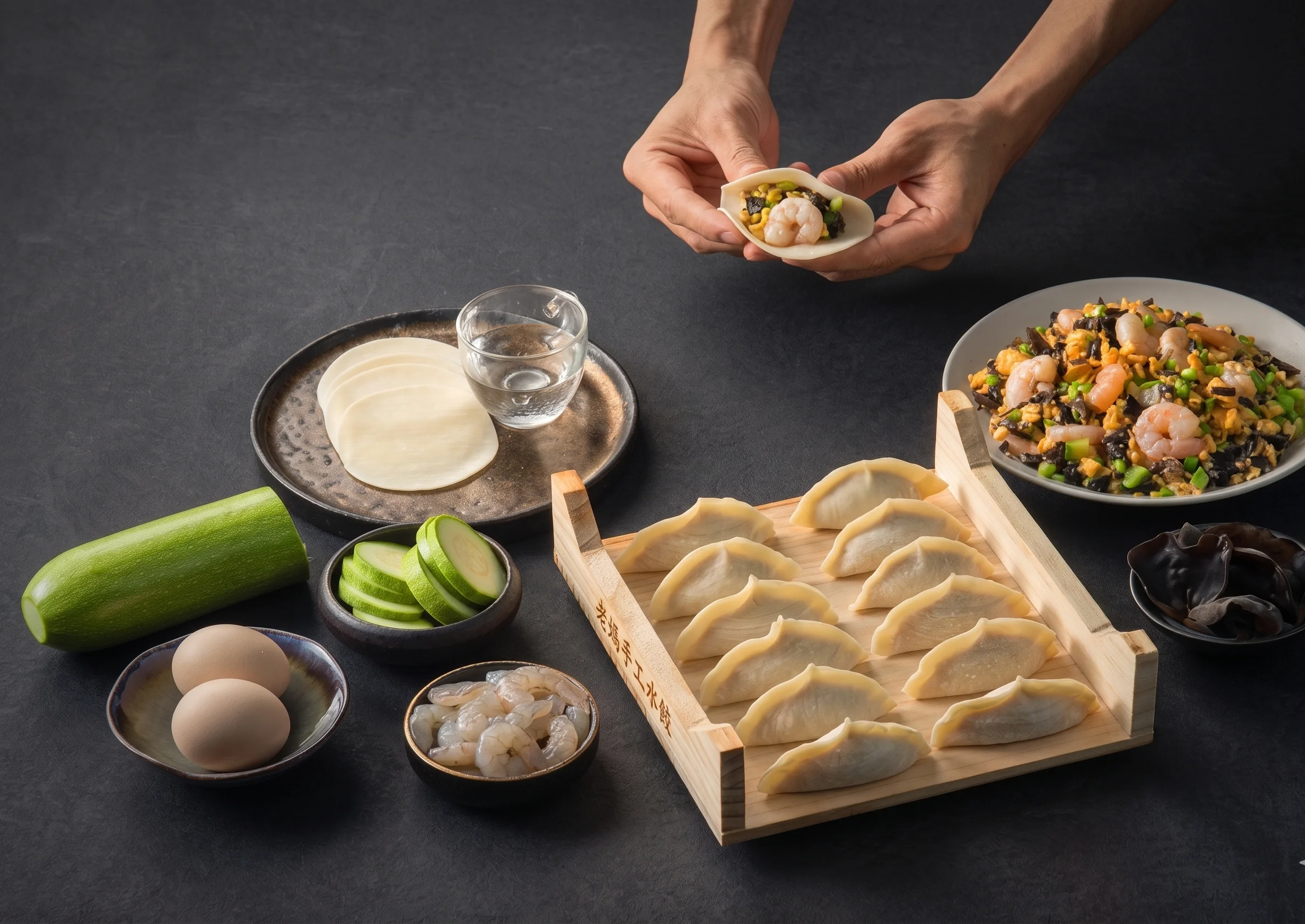 Hands preparing dumplings with ingredients and a plate of stir-fried shrimp dish.