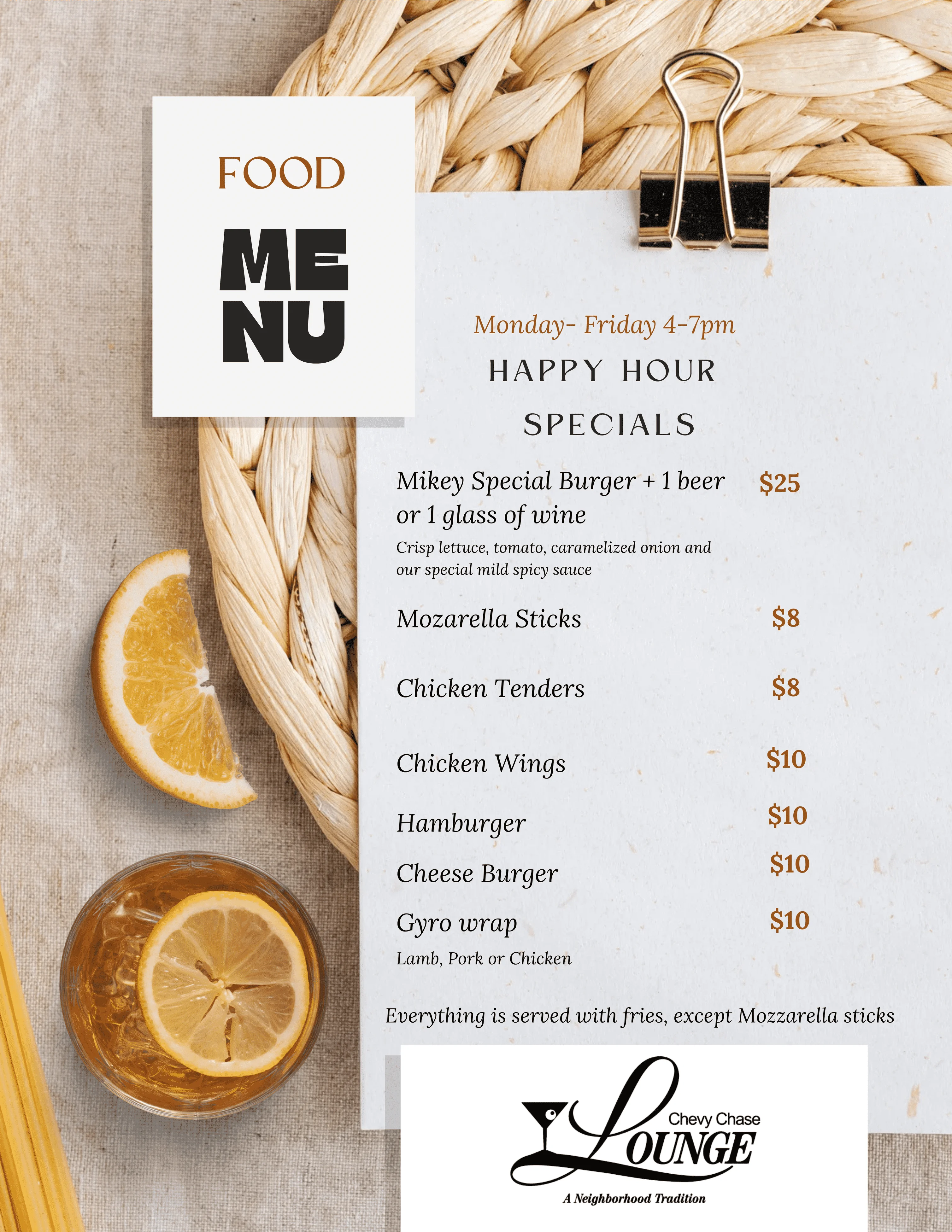 Happy hour food menu featuring burgers and appetizers
