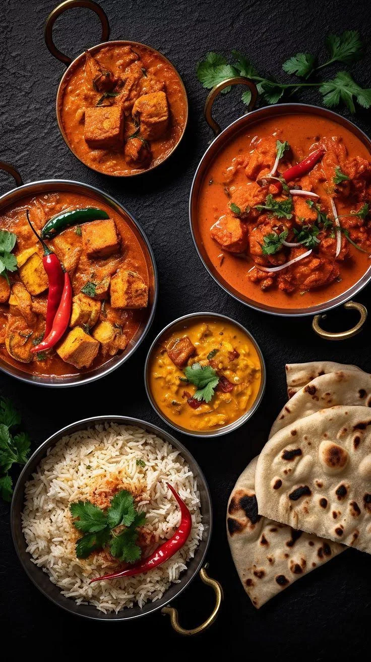 Indian curry feast with paneer, dal, biryani, and naan