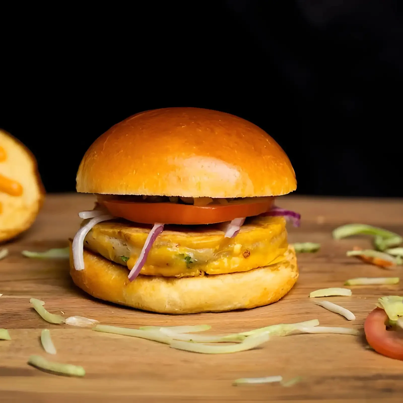 Vegetarian burger with tomato and onions