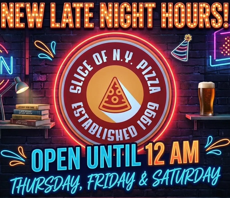 Late night pizza restaurant with neon signage and cozy atmosphere
