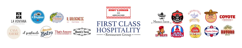 Logos of diverse restaurants under First Class Hospitality group
