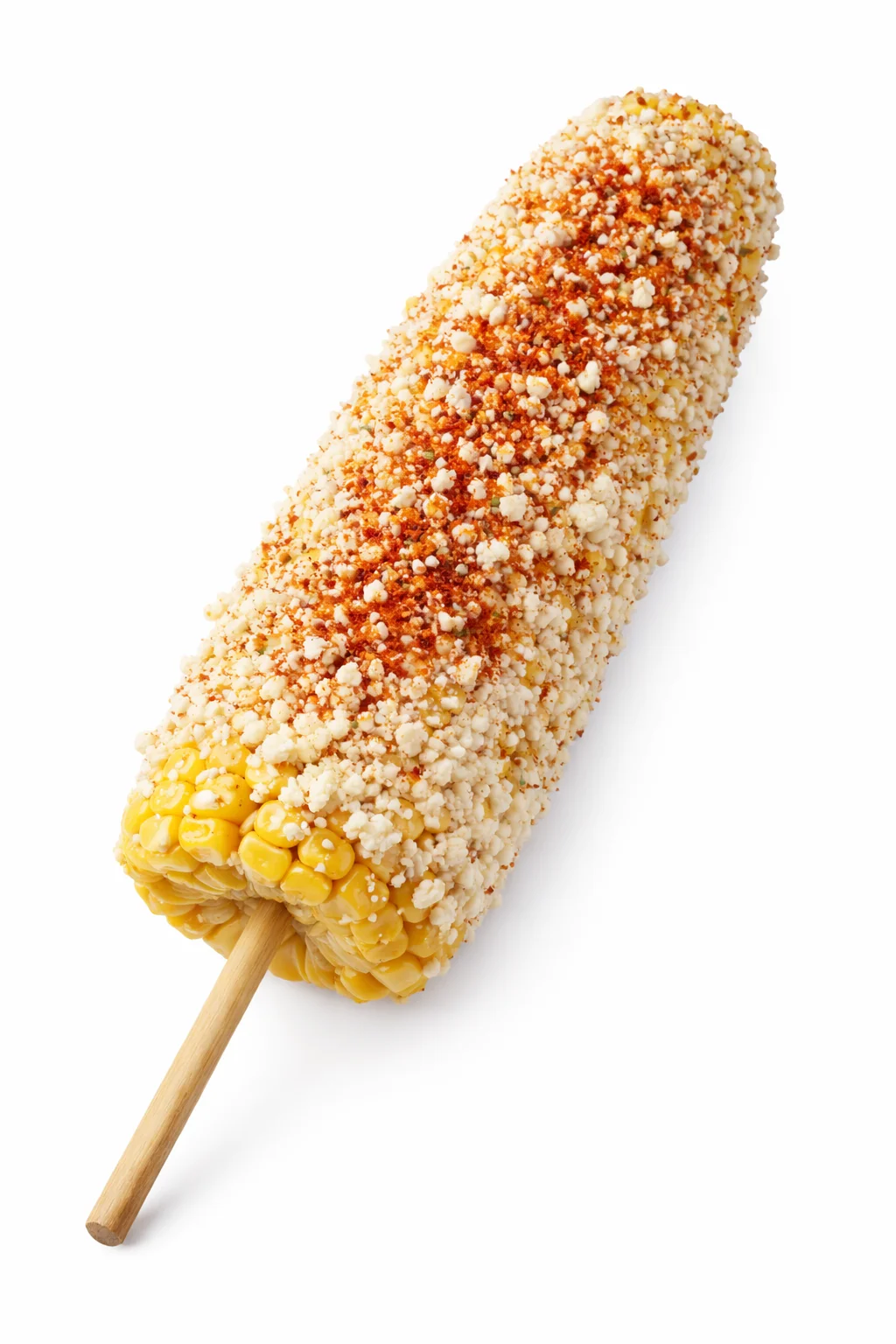 A cob of corn on a stick, coated with a mixture of cheese and spices, creating a flavorful snack.