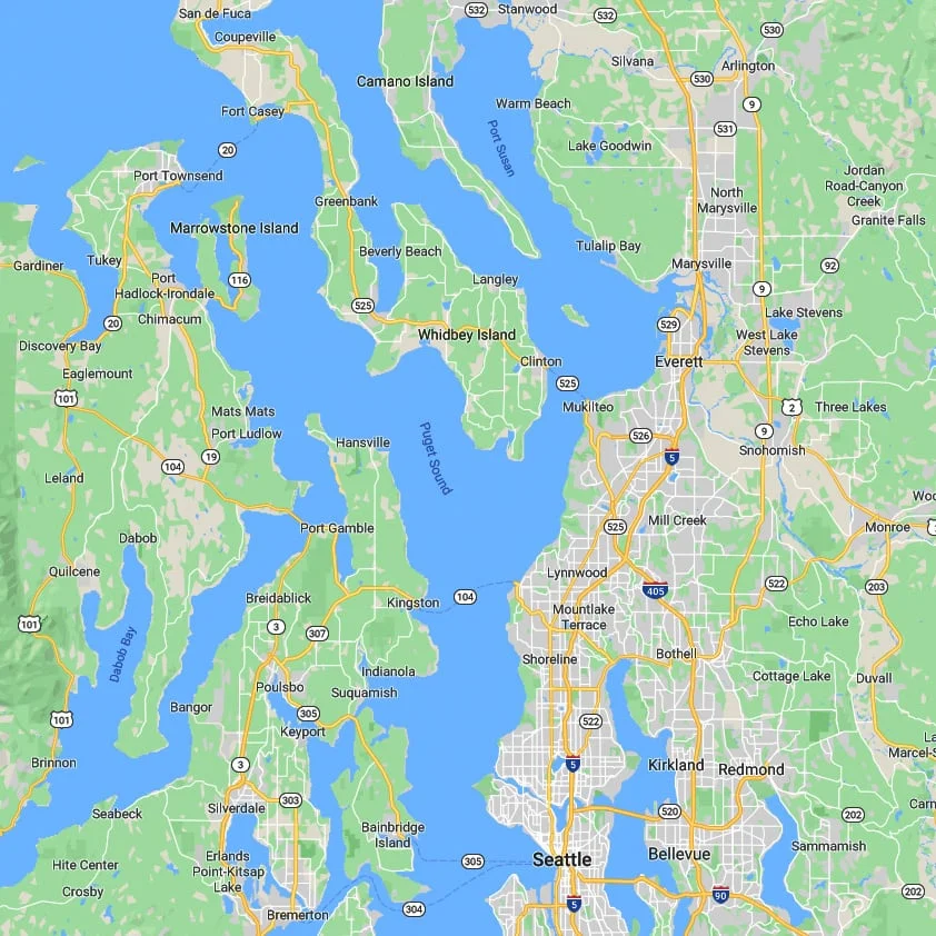 Map of Whidbey Island and surrounding areas in Washington State