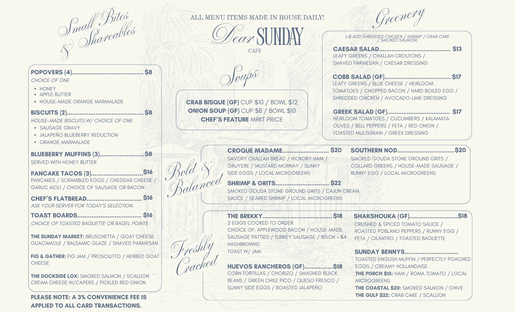 Brunch menu featuring Southern-inspired dishes and fresh ingredients