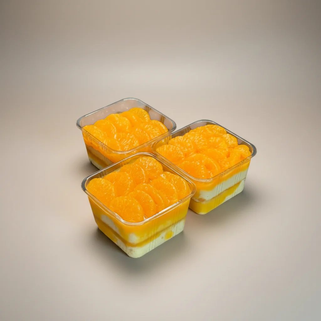 Three plastic containers filled with a dessert featuring layers of orange slices atop a creamy base.