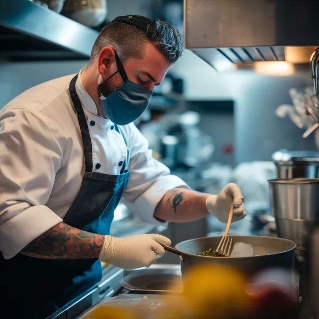 Chef preparing a gourmet dish in a modern kitchen