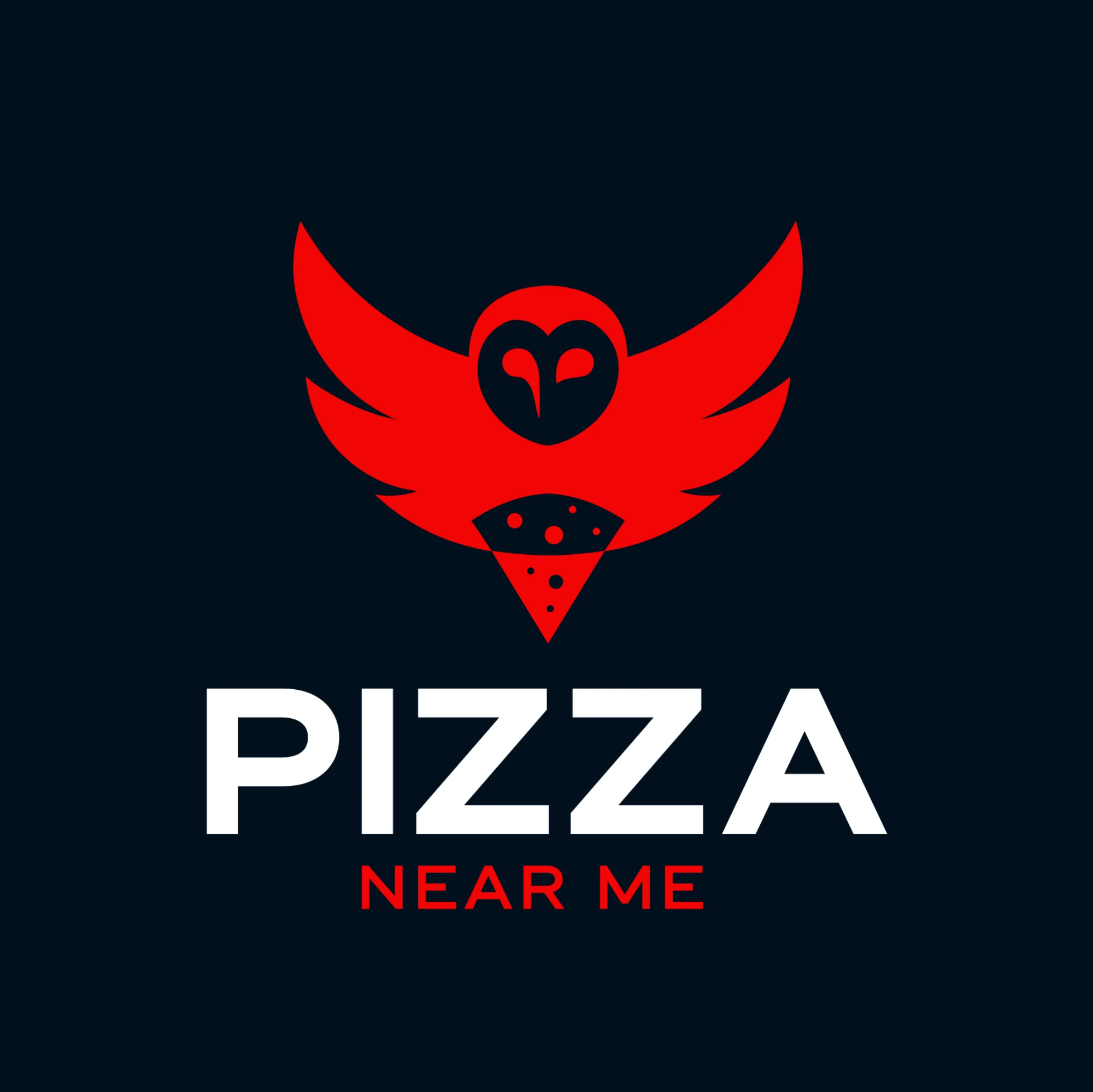 A logo featuring a stylized owl with wings and a pizza slice, primarily in red and white against a dark background.