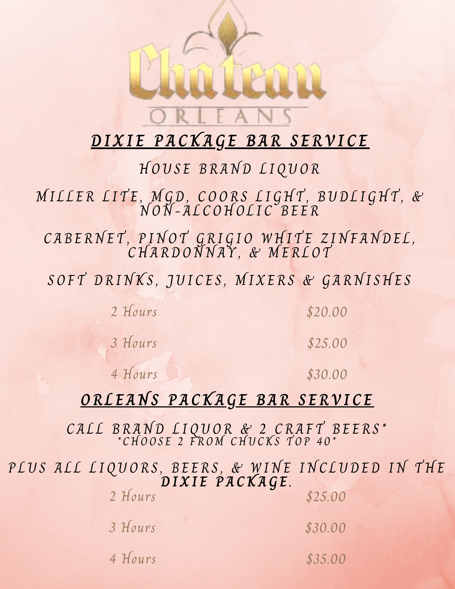 Bar service menu featuring Dixie and Orleans packages