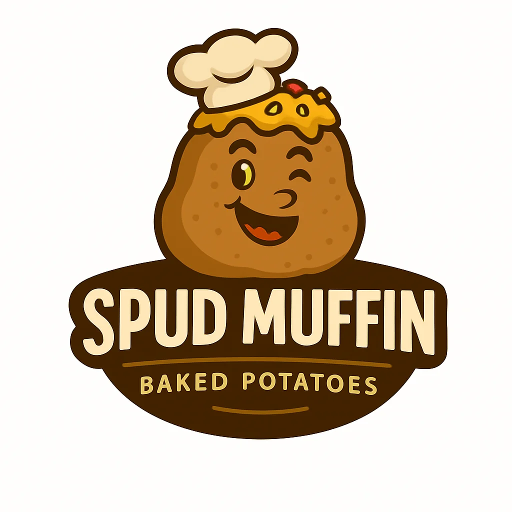 A playful logo featuring a smiling potato with a chef's hat, promoting baked potatoes.