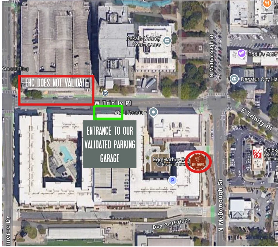 Parking map indicating validated garage entrance and non-validating area