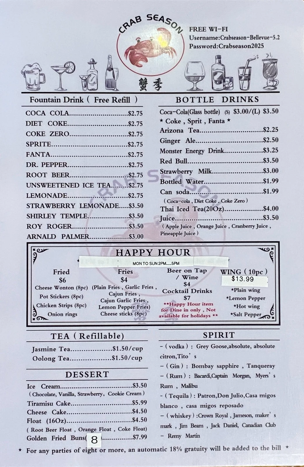 Menu from Crab Season restaurant featuring drinks and happy hour specials