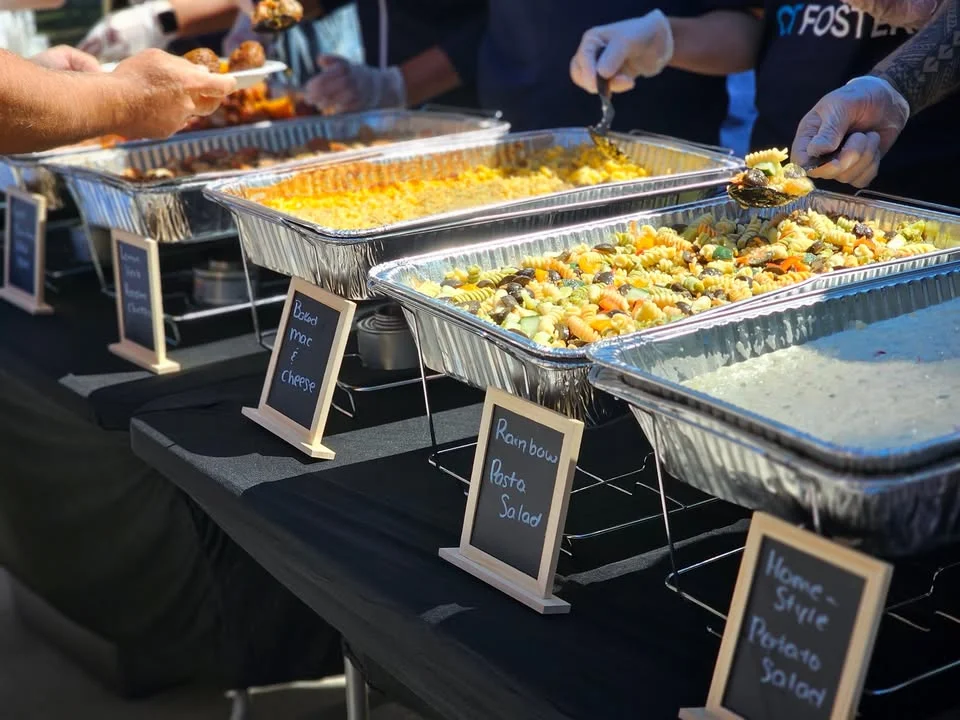 Assorted pasta salads at a catering event
