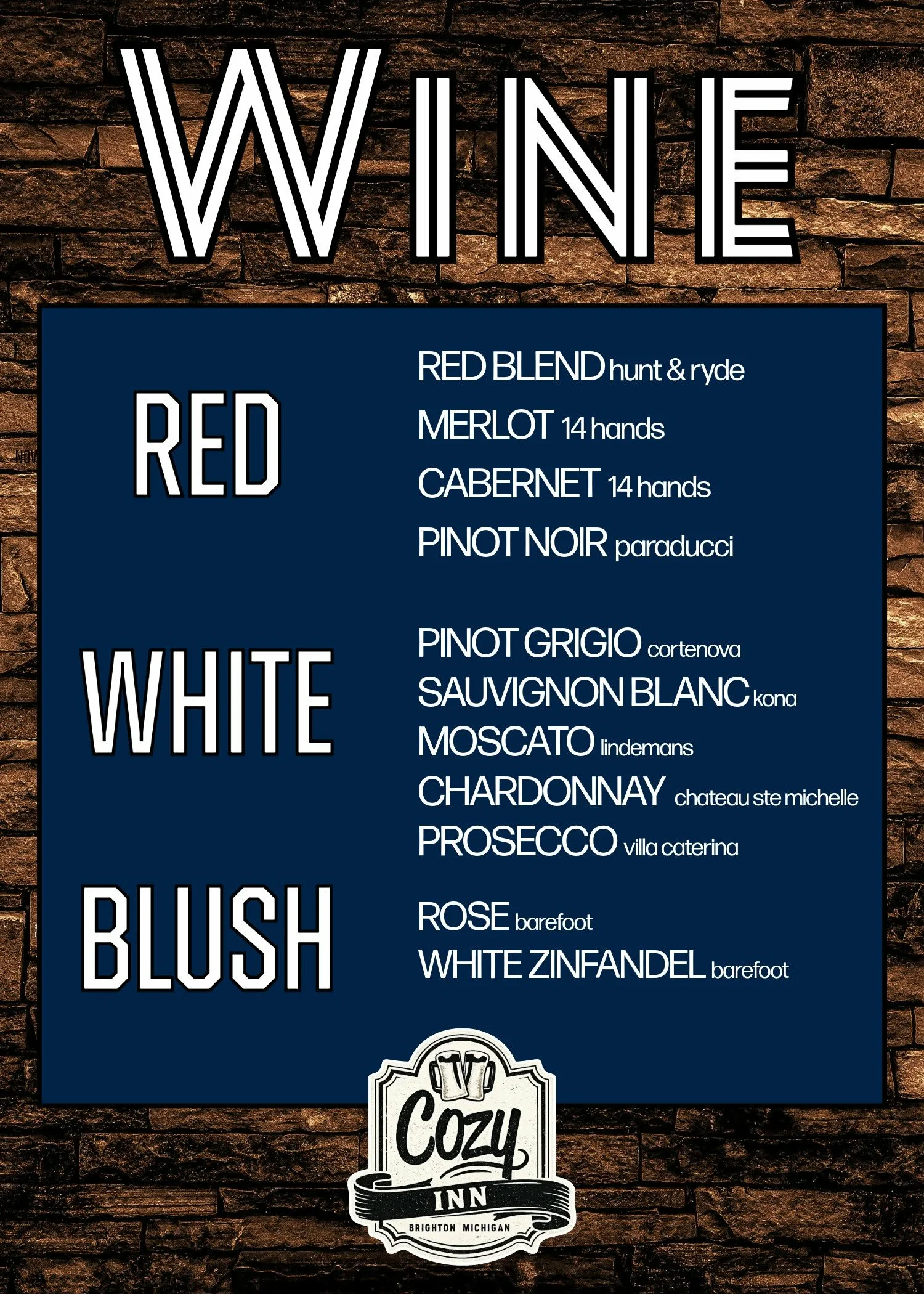 Wine menu featuring red, white, and blush selections at Cozy Inn