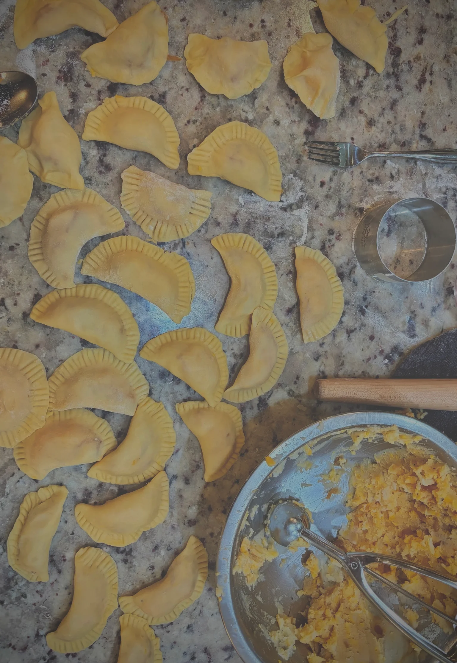 Homemade Ukrainian pierogi on a countertop