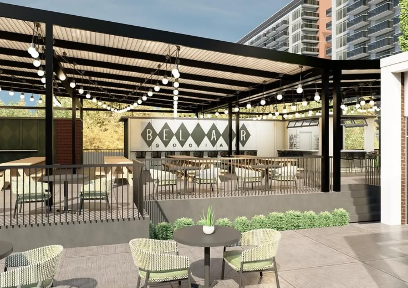 Stylish outdoor dining area with modern decor