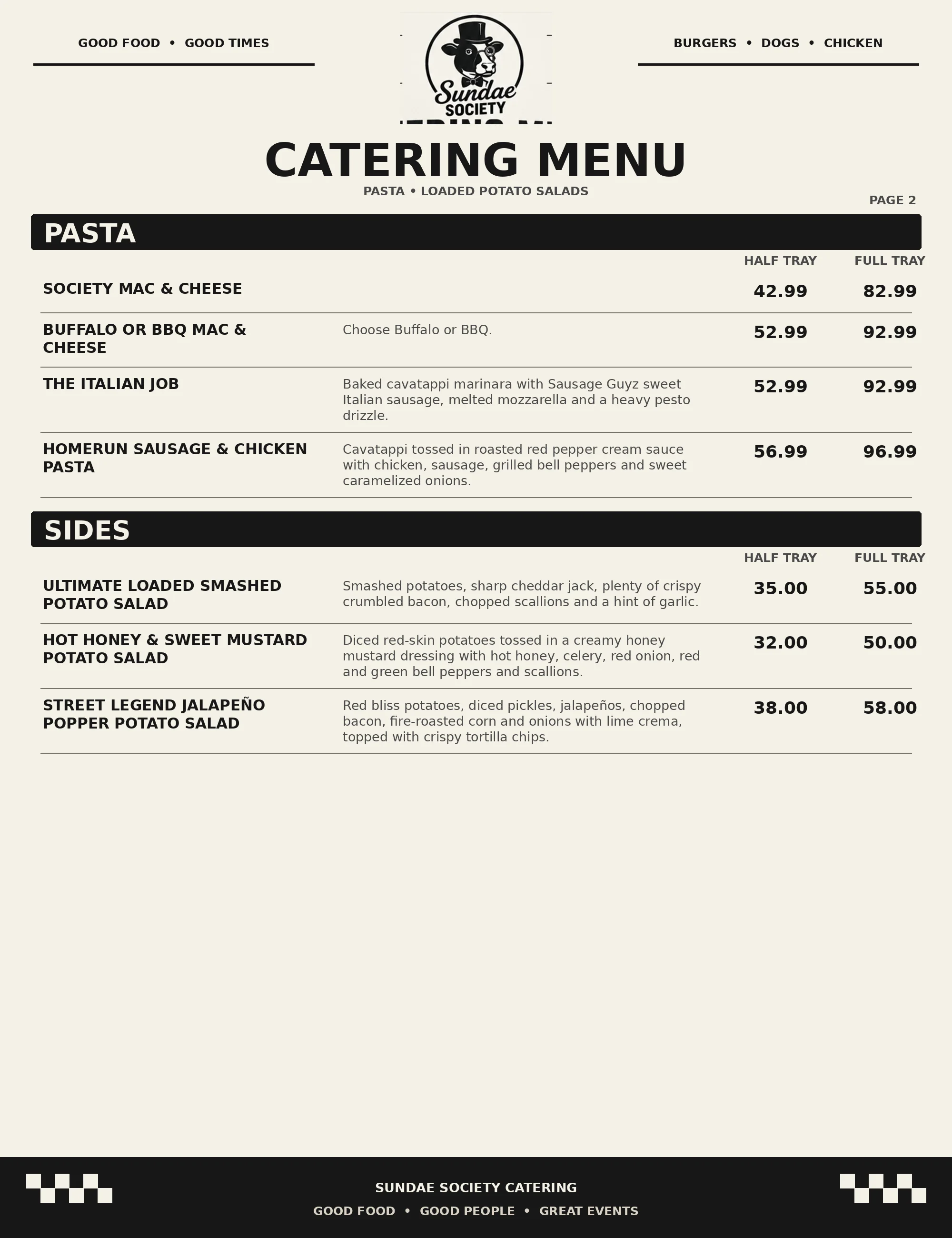 Catering menu featuring pasta and potato salad options