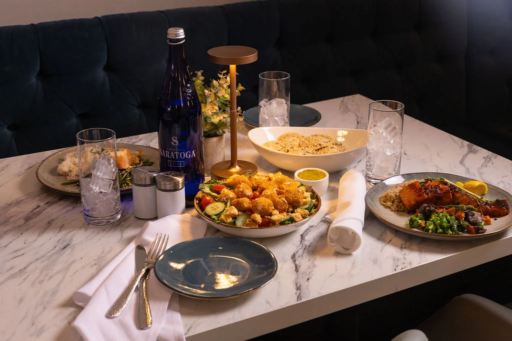Plated Asian-inspired seafood dish with vegetables