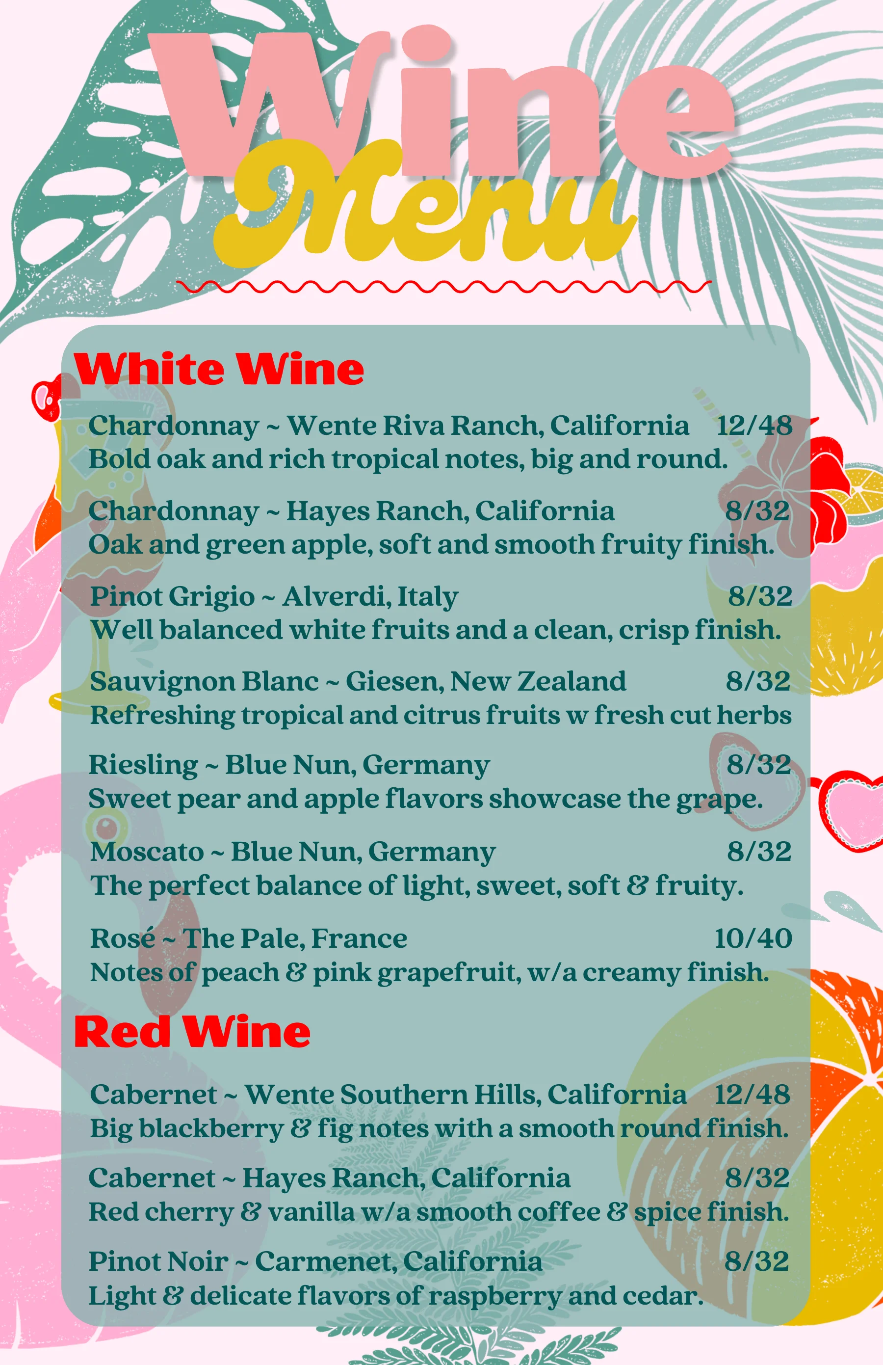 Wine menu featuring a variety of red, white, and sparkling wines.