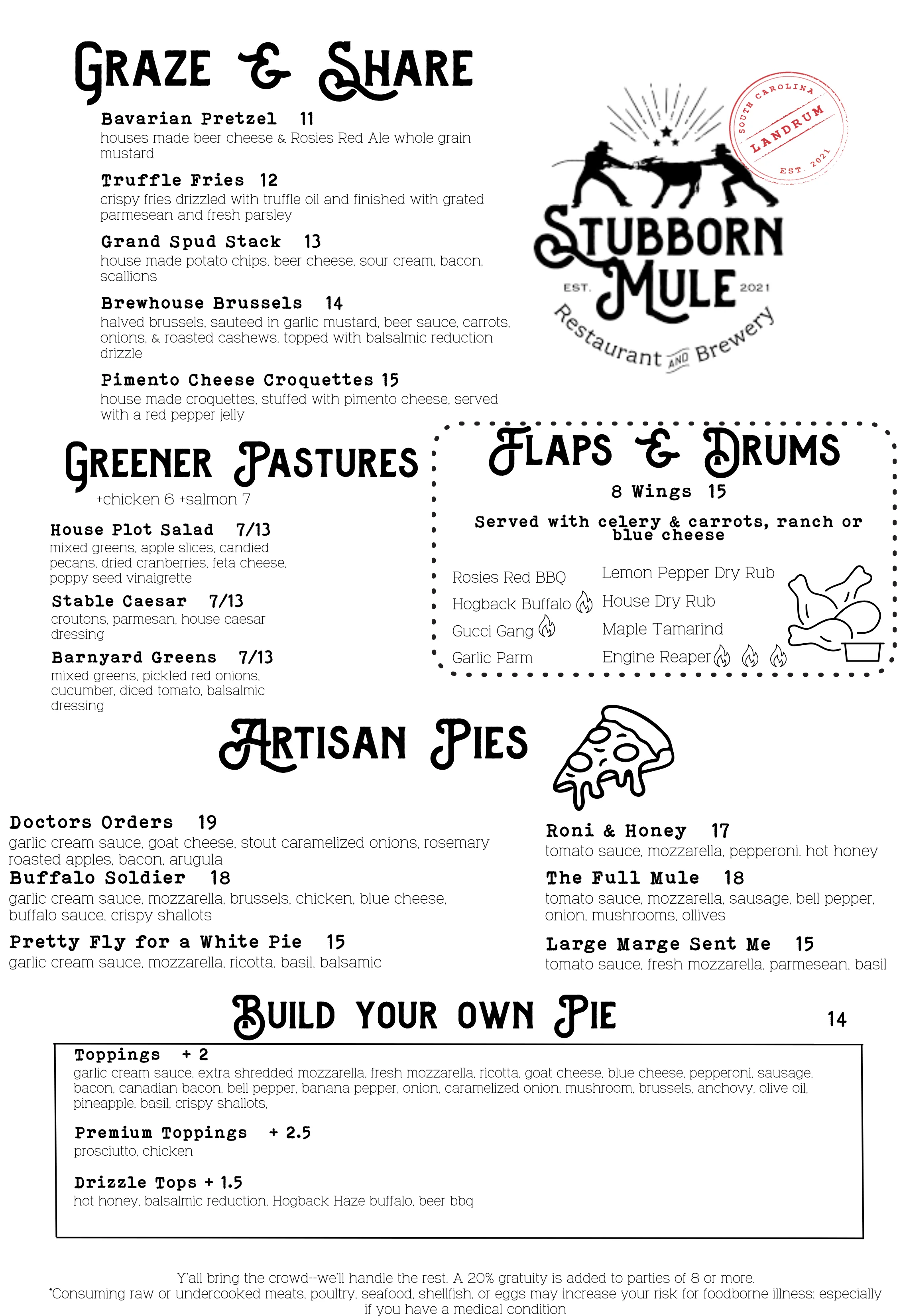Menu of Stubborn Mule featuring various dishes and drinks.