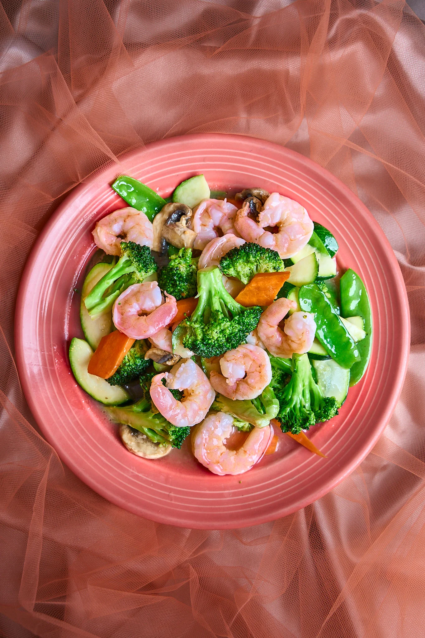Shrimp stir-fry with vegetables in a vibrant Asian style