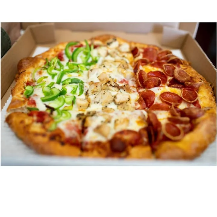 Half-and-half pizza with pepperoni and chicken toppings