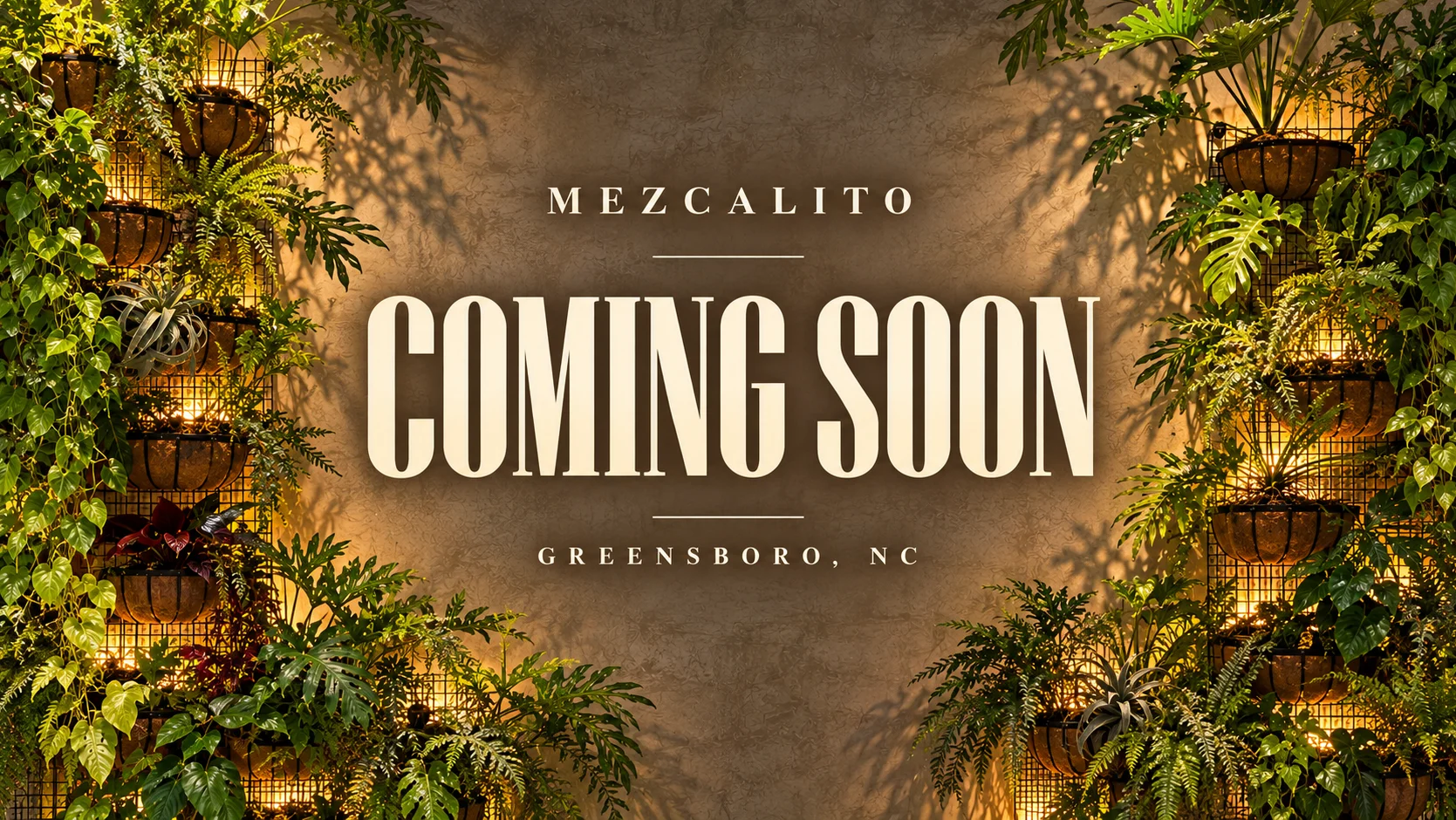 Mezcalito coming soon restaurant announcement with lush tropical plants