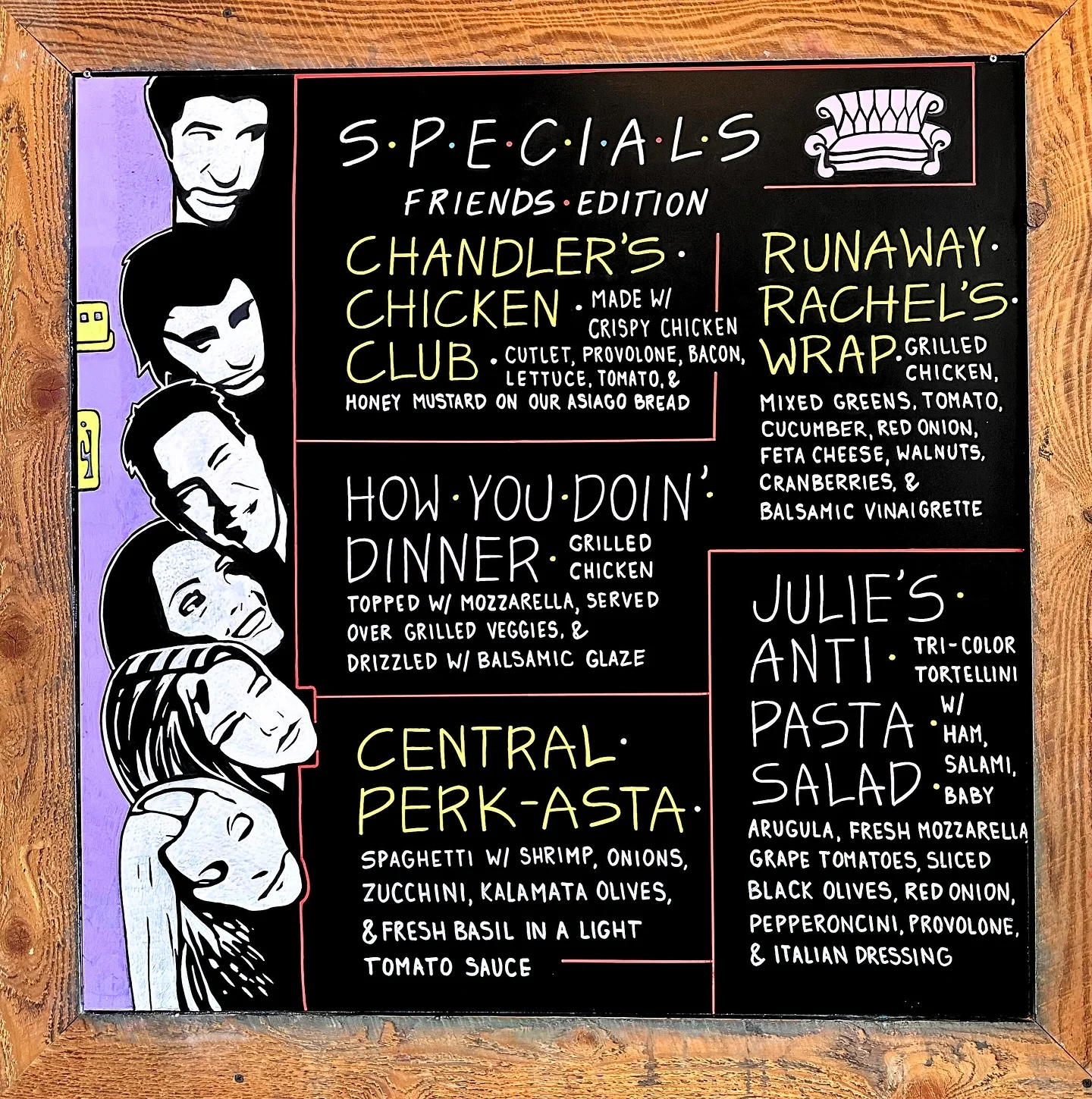 Menu board featuring Friends-themed dishes