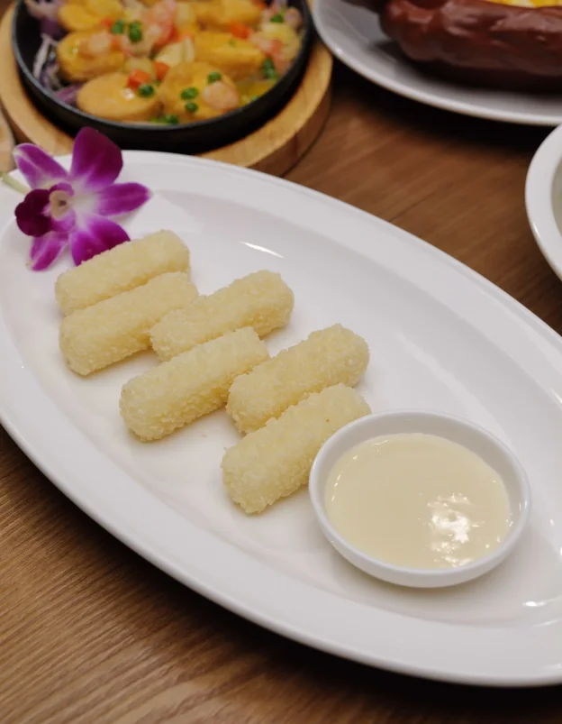 Crispy Chinese taro cakes with dipping sauce