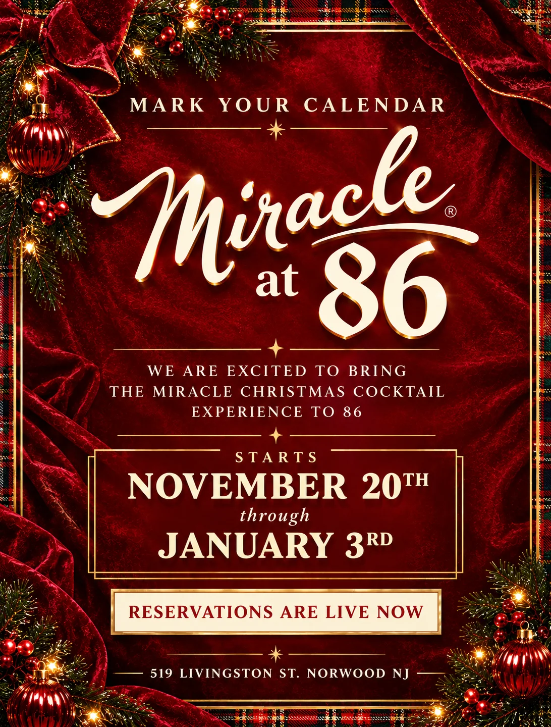 Miracle Christmas cocktail event announcement with festive decorations