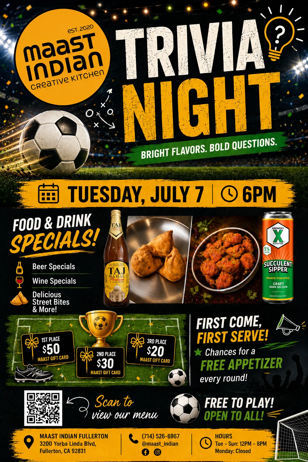 Trivia night at an Indian restaurant with food and drink specials