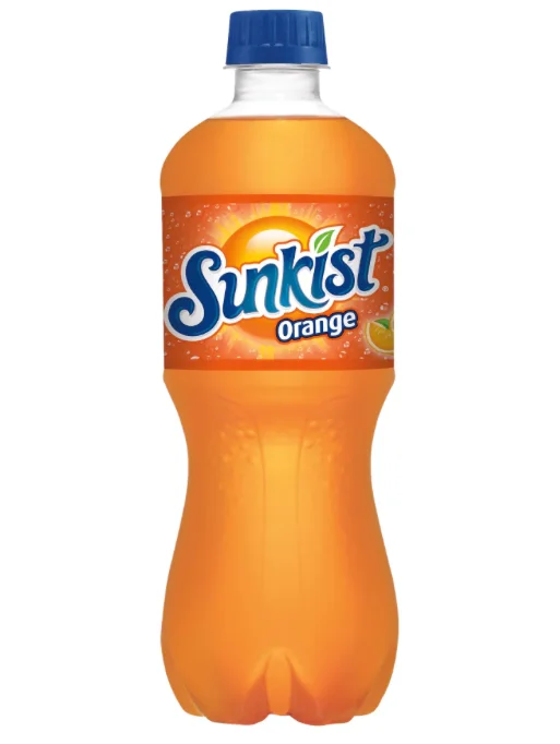 A bottle of Sunkist orange soda, displaying a vibrant orange color and citrus-themed branding.