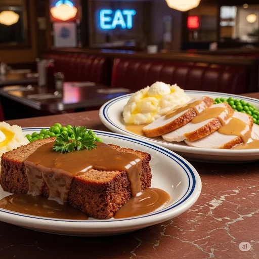 Classic American meatloaf with gravy and mashed potatoes