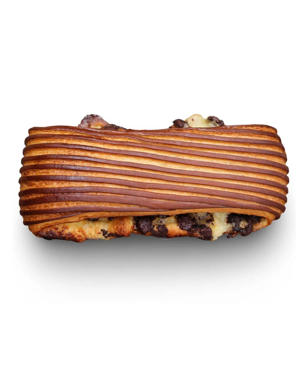 A striped pastry filled with chocolate chips, showcasing a unique design.