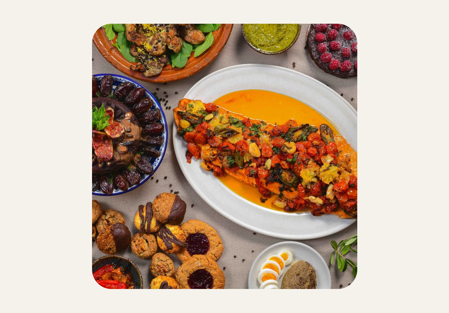 Mediterranean roasted fish platter with vibrant vegetables