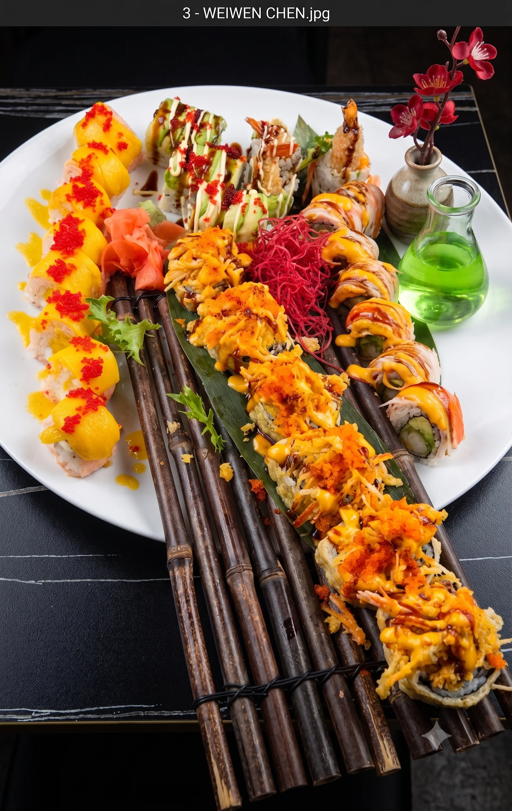 Assorted sushi platter featuring colorful rolls and garnishes